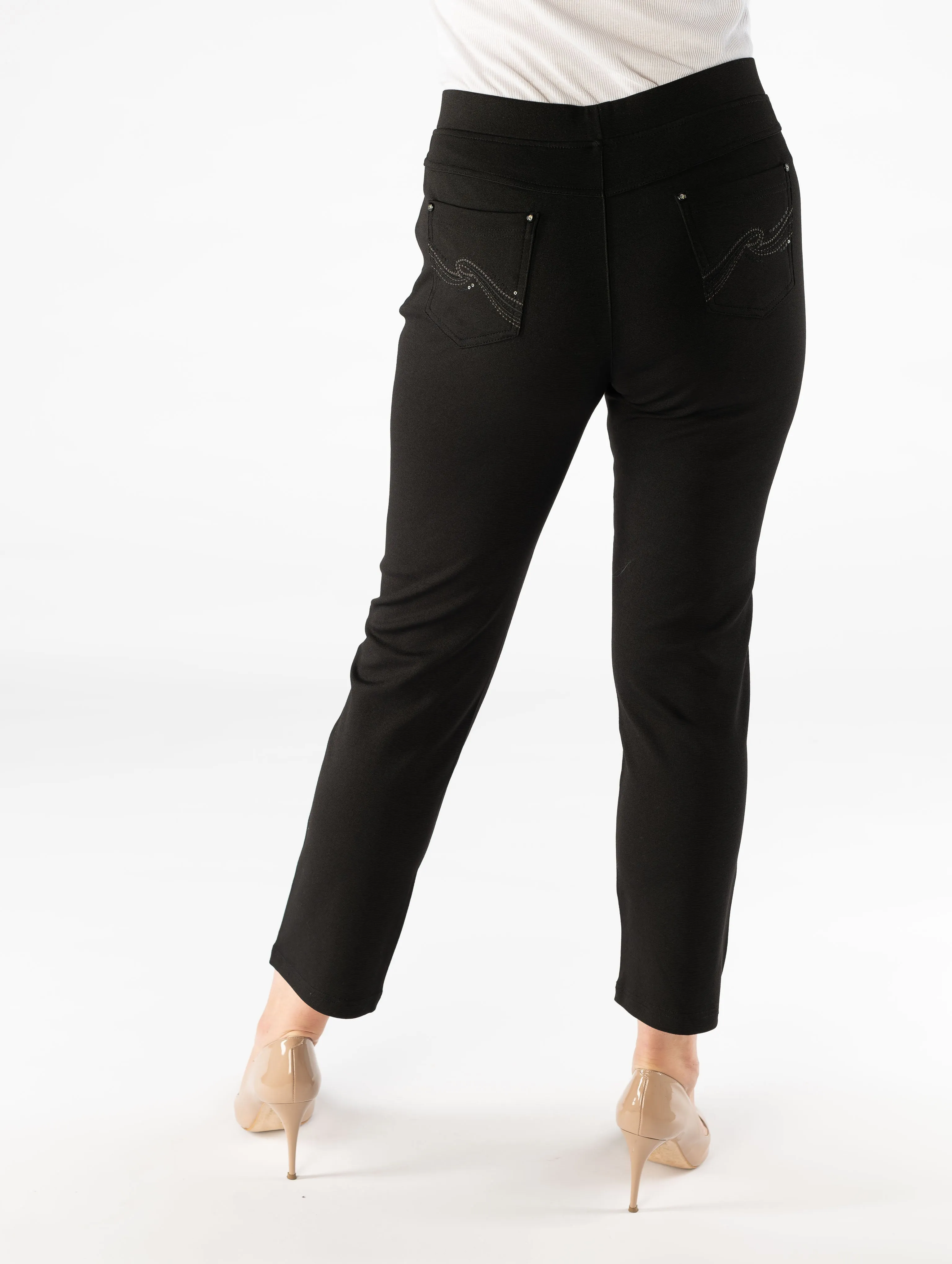 27" Leg embroidered detail Trouser- Black