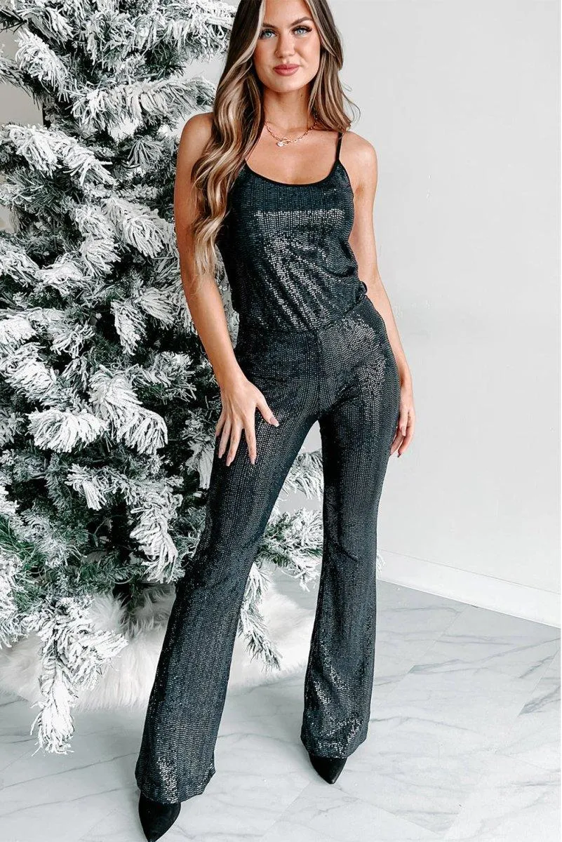 Black Sequined Flare Pants Set