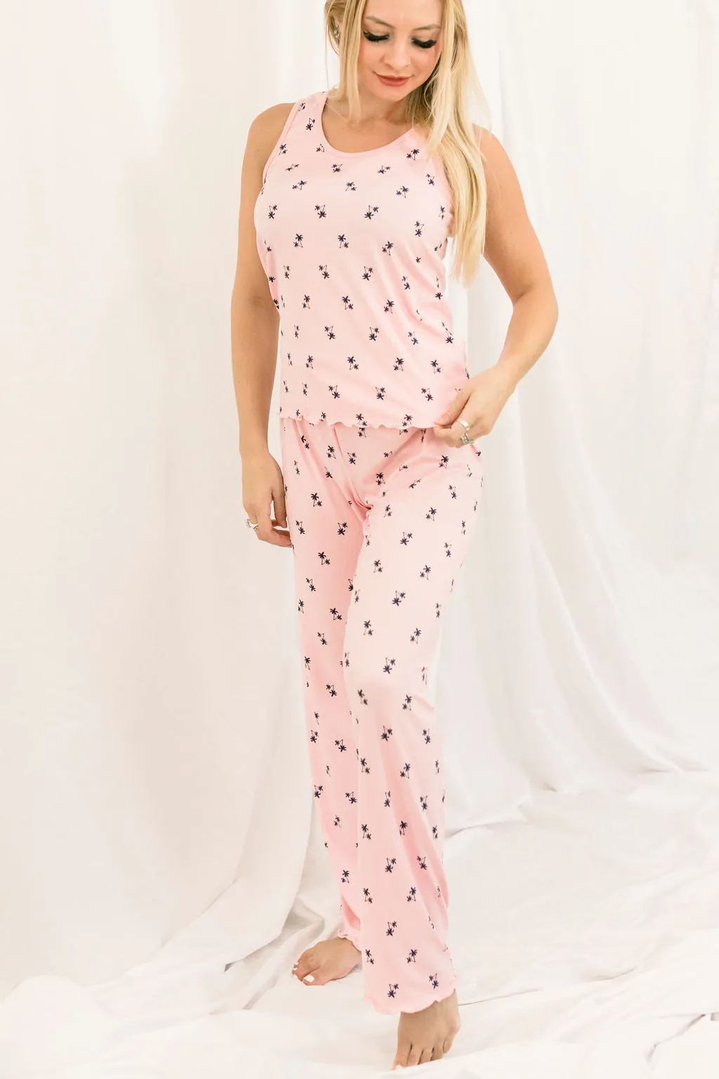 Cozy Pink Palm Pajama Pants Set