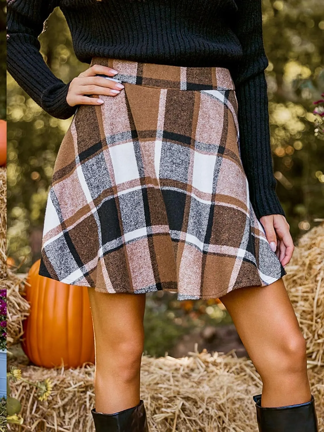 CUPSHE Women Plaid Casual High Waisted A line Flared Pleated Mini Skirt