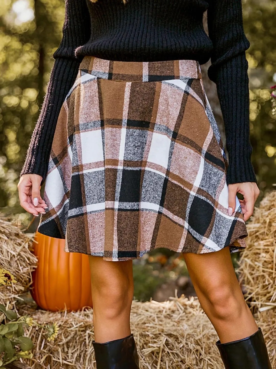 CUPSHE Women Plaid Casual High Waisted A line Flared Pleated Mini Skirt