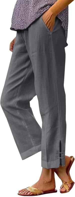 GOFULY Womens Linen Pants Wide Leg Office Casual High Waisted Pants Elastic Waist Summer Slim Fit Solid Trousers with Pockets