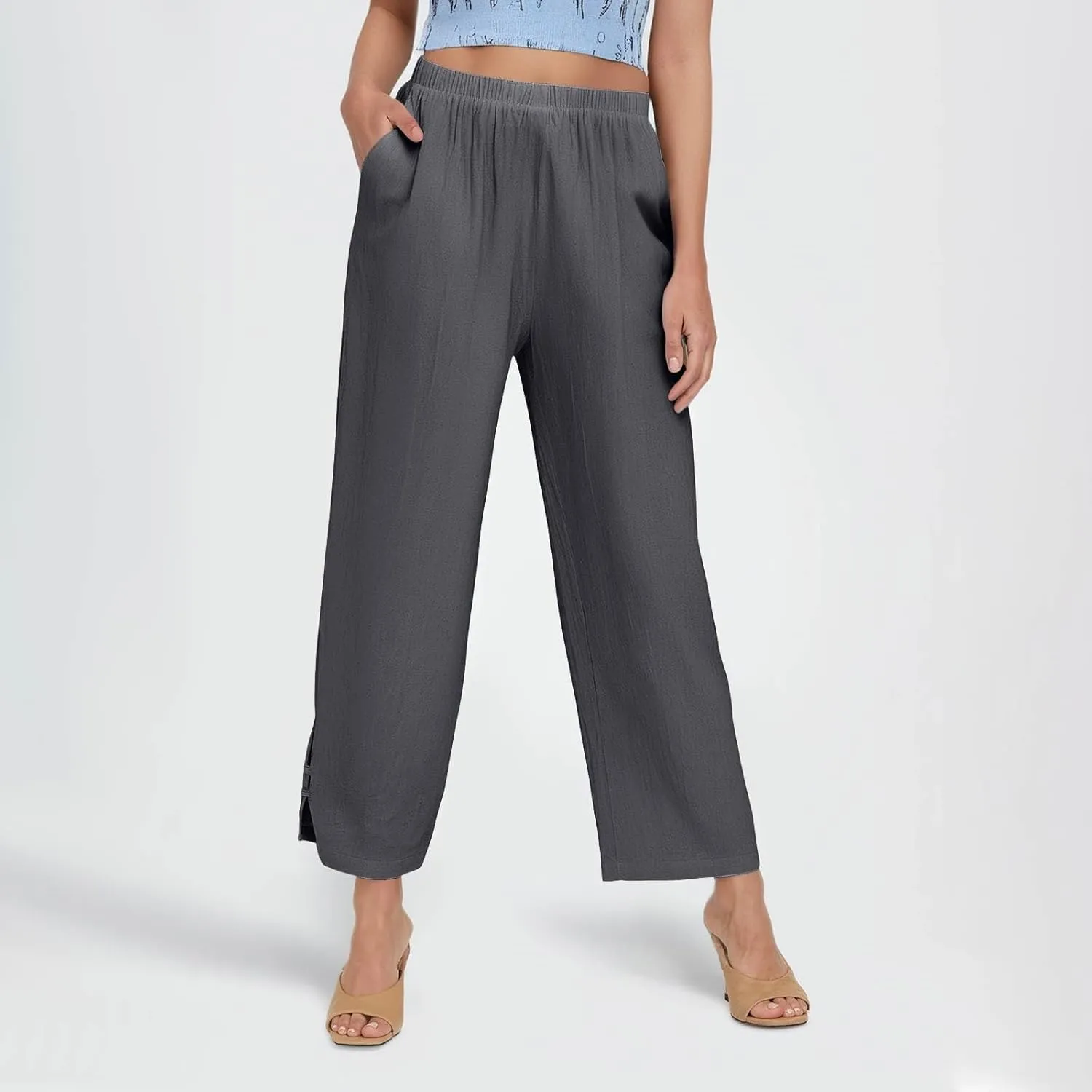 GOFULY Womens Linen Pants Wide Leg Office Casual High Waisted Pants Elastic Waist Summer Slim Fit Solid Trousers with Pockets