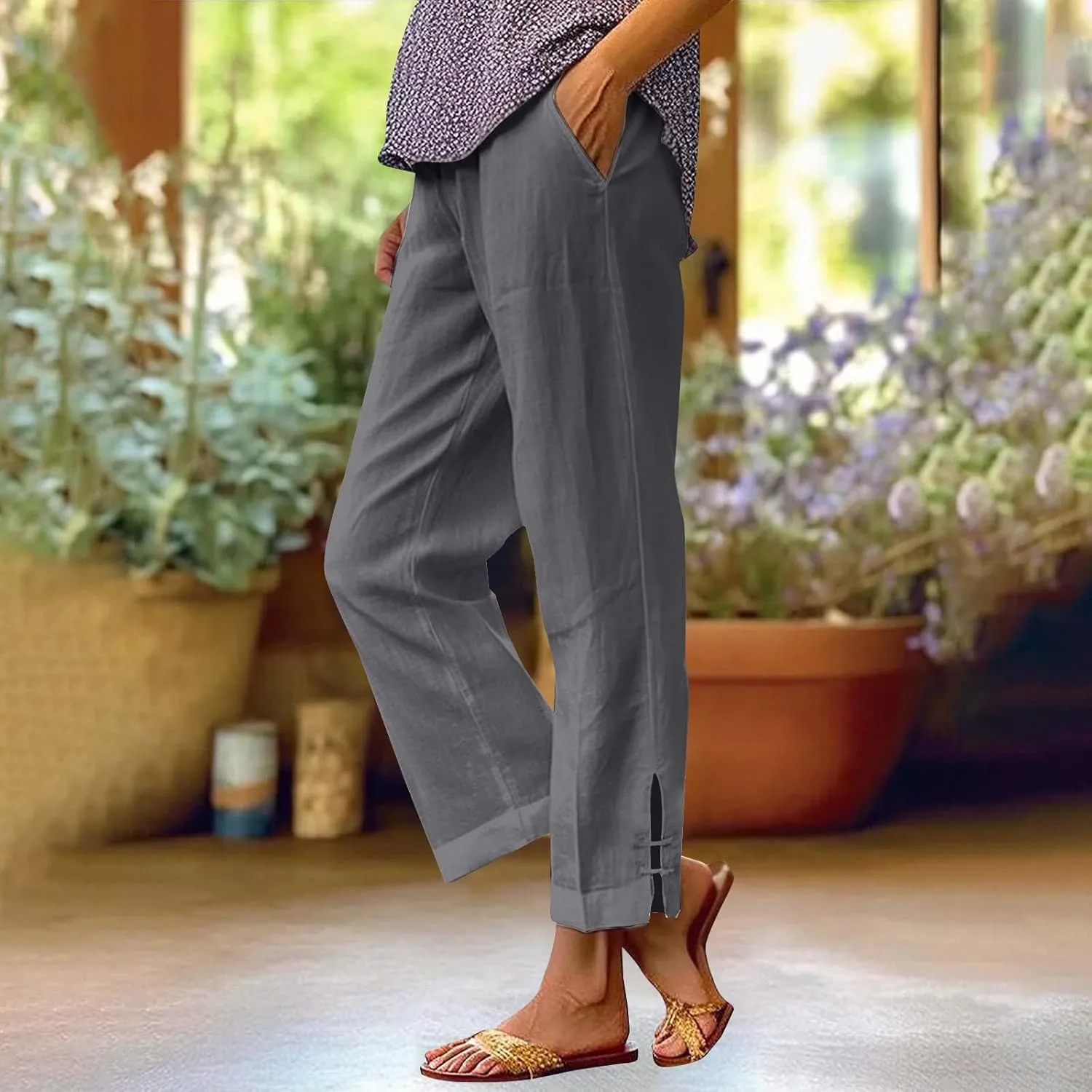 GOFULY Womens Linen Pants Wide Leg Office Casual High Waisted Pants Elastic Waist Summer Slim Fit Solid Trousers with Pockets