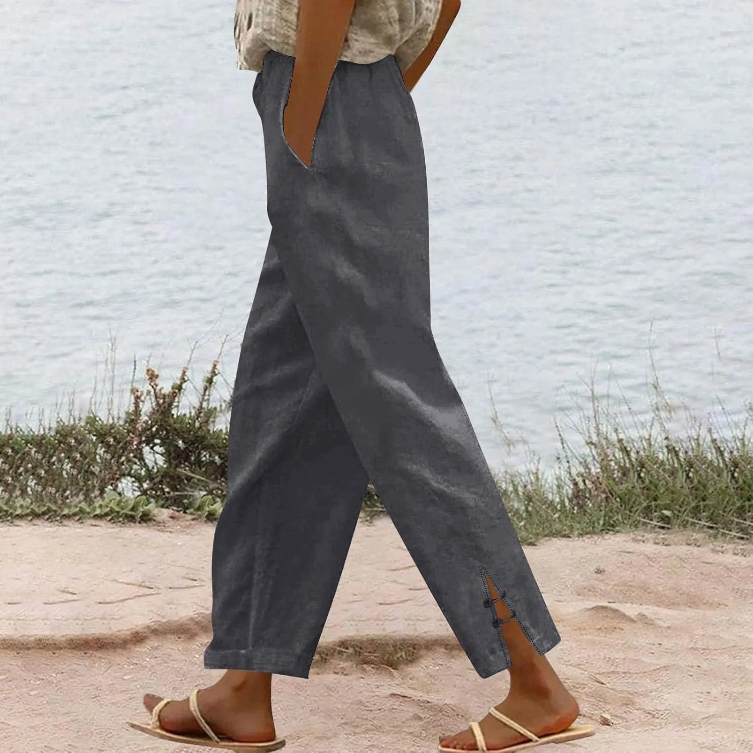 GOFULY Womens Linen Pants Wide Leg Office Casual High Waisted Pants Elastic Waist Summer Slim Fit Solid Trousers with Pockets