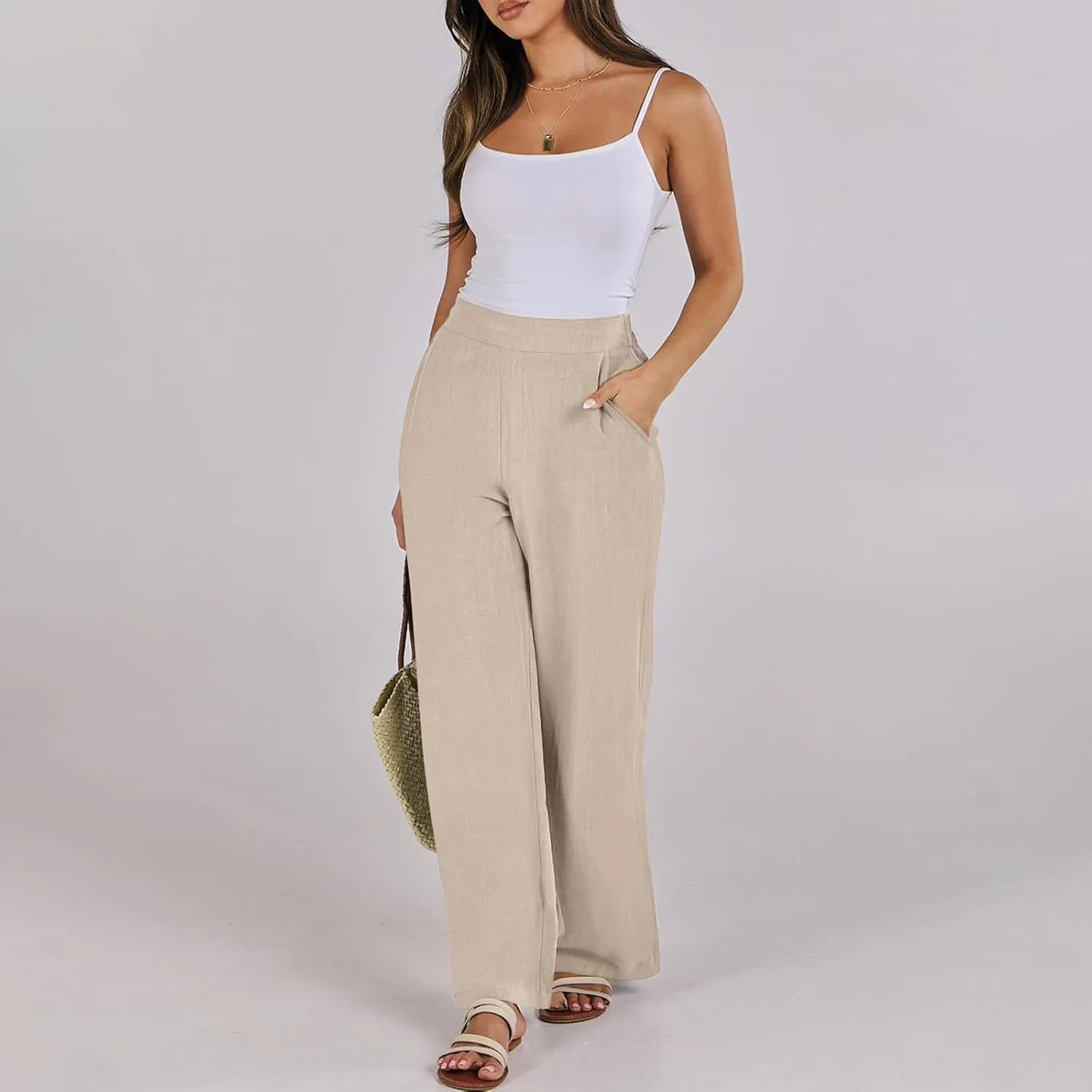 High Waisted Work Pants Women Linen Wide Leg Pants Elastic Waist Business Casual Dress Pants Baggy Summer Trousers