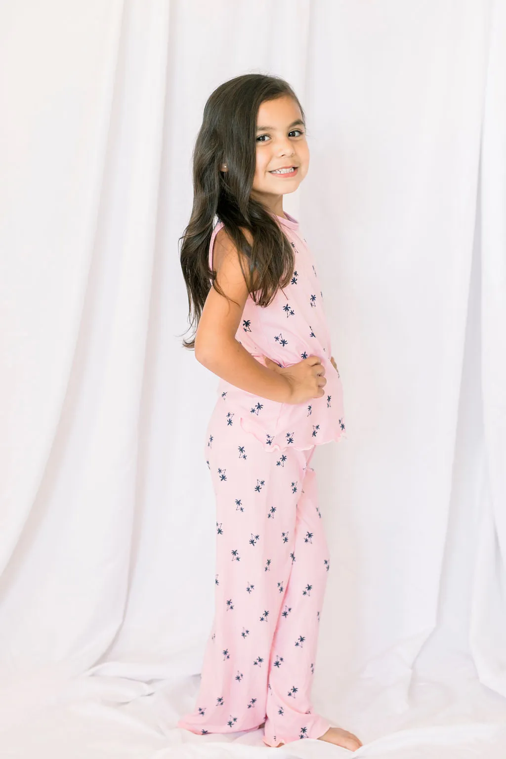 Kids Cozy Pink Palm Pajama Pants Set