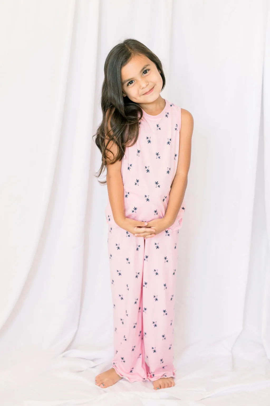 Kids Cozy Pink Palm Pajama Pants Set