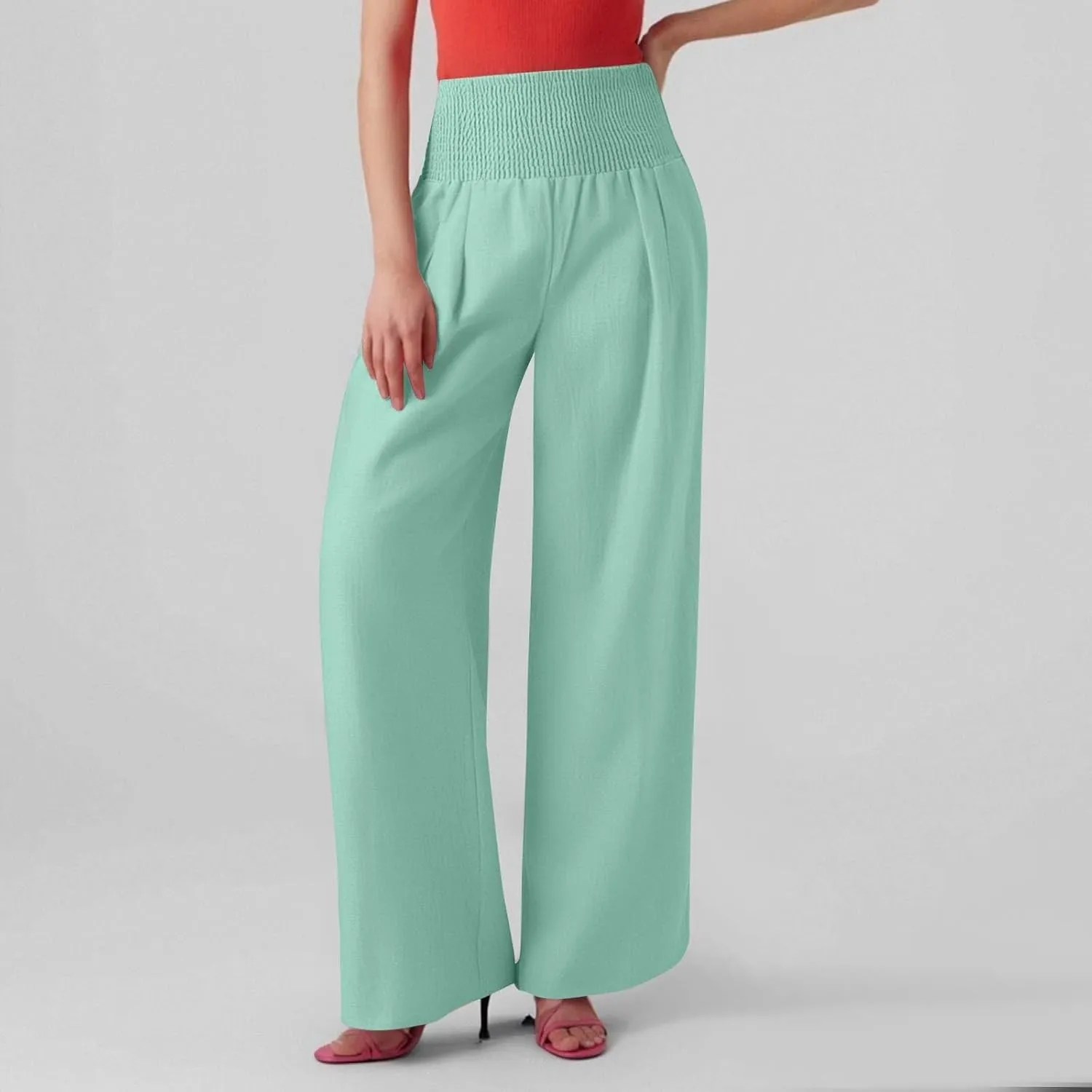 Linen Pants Woman Summer High Waist Palazzo Pants Pleated Baggy Pant Dressy Trousers with Pockets (S-XXL)