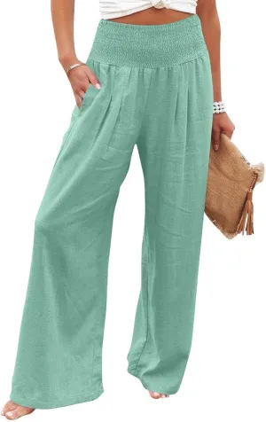 Linen Pants Woman Summer High Waist Palazzo Pants Pleated Baggy Pant Dressy Trousers with Pockets (S-XXL)