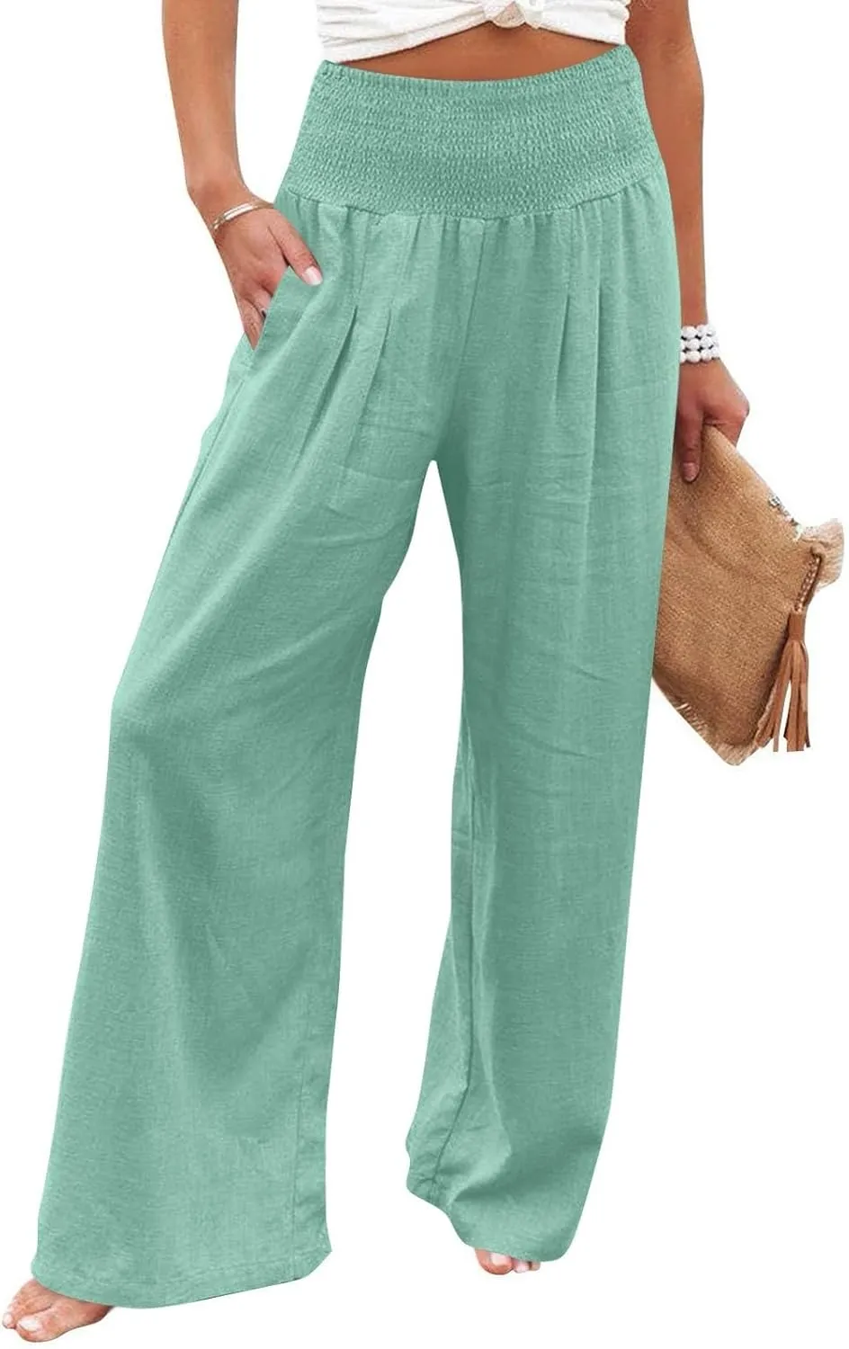 Linen Pants Woman Summer High Waist Palazzo Pants Pleated Baggy Pant Dressy Trousers with Pockets (S-XXL)