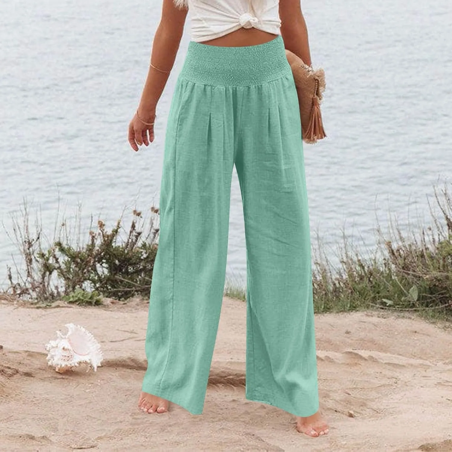 Linen Pants Woman Summer High Waist Palazzo Pants Pleated Baggy Pant Dressy Trousers with Pockets (S-XXL)