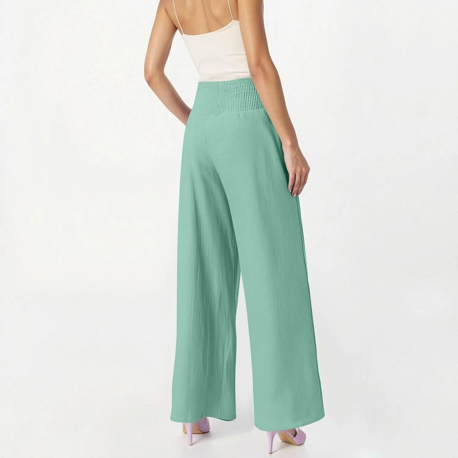 Linen Pants Woman Summer High Waist Palazzo Pants Pleated Baggy Pant Dressy Trousers with Pockets (S-XXL)