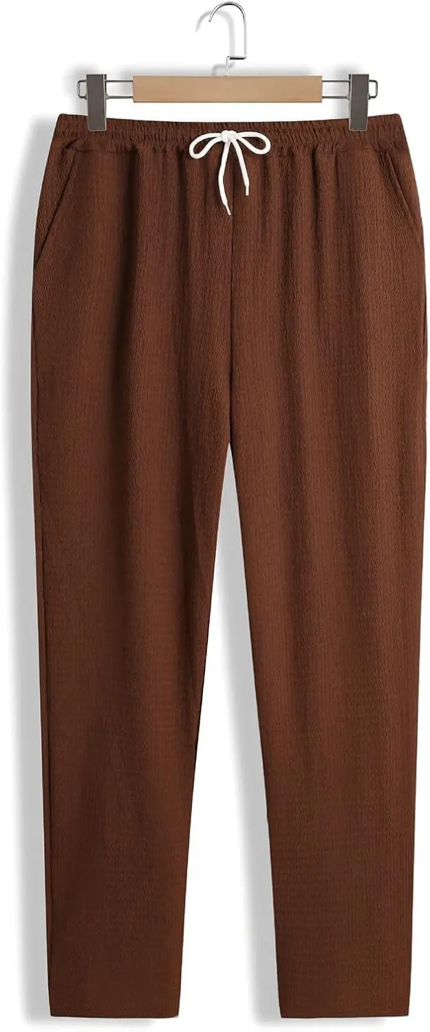 Mens Casual Pants Relaxed Fit Wide Leg Trousers High-Rise Summer Elastic Waist Drawstring Casual Flat Front Pants