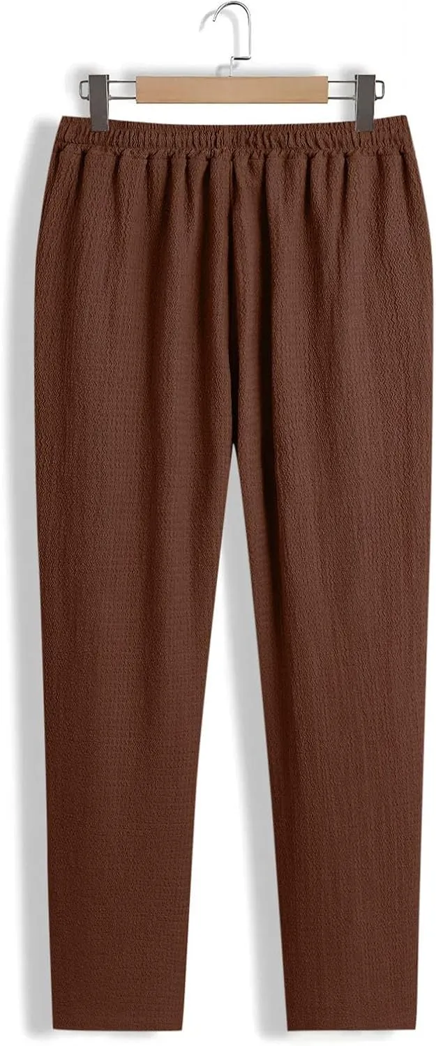Mens Casual Pants Relaxed Fit Wide Leg Trousers High-Rise Summer Elastic Waist Drawstring Casual Flat Front Pants