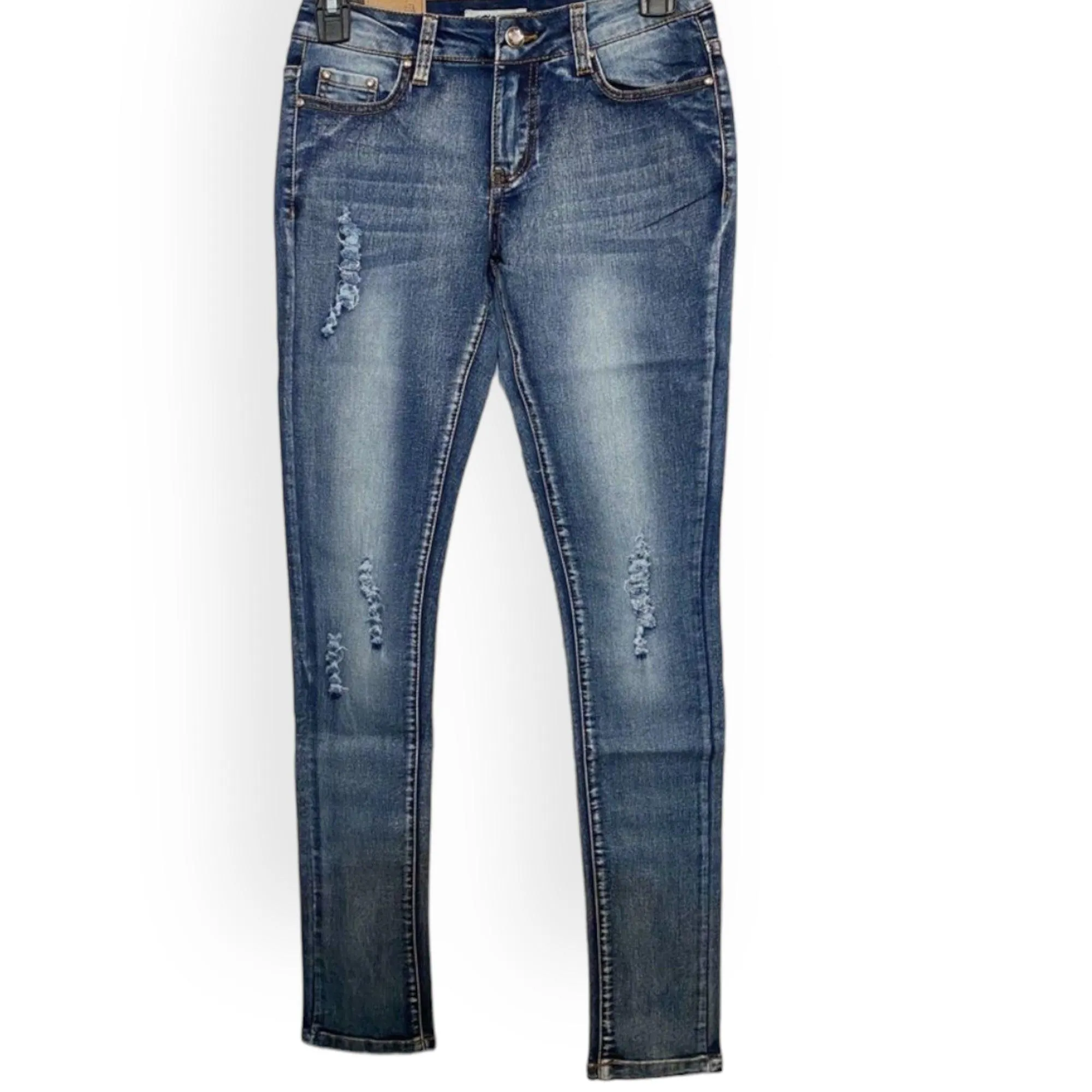 Mid Rise Distressed Denim Skinny Jeans