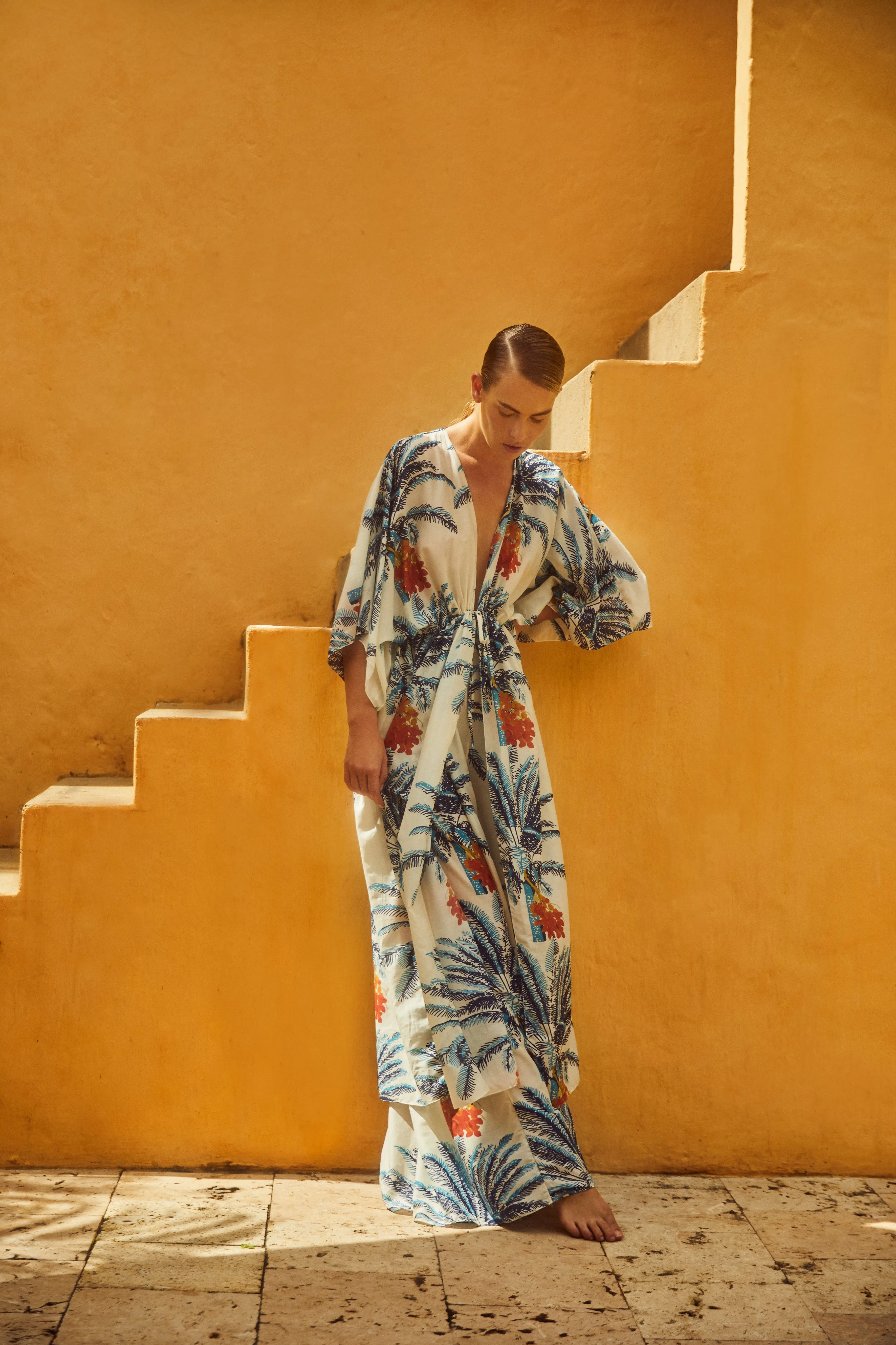 San Cipriano Cotton-Silk Pants / White Blue Palms