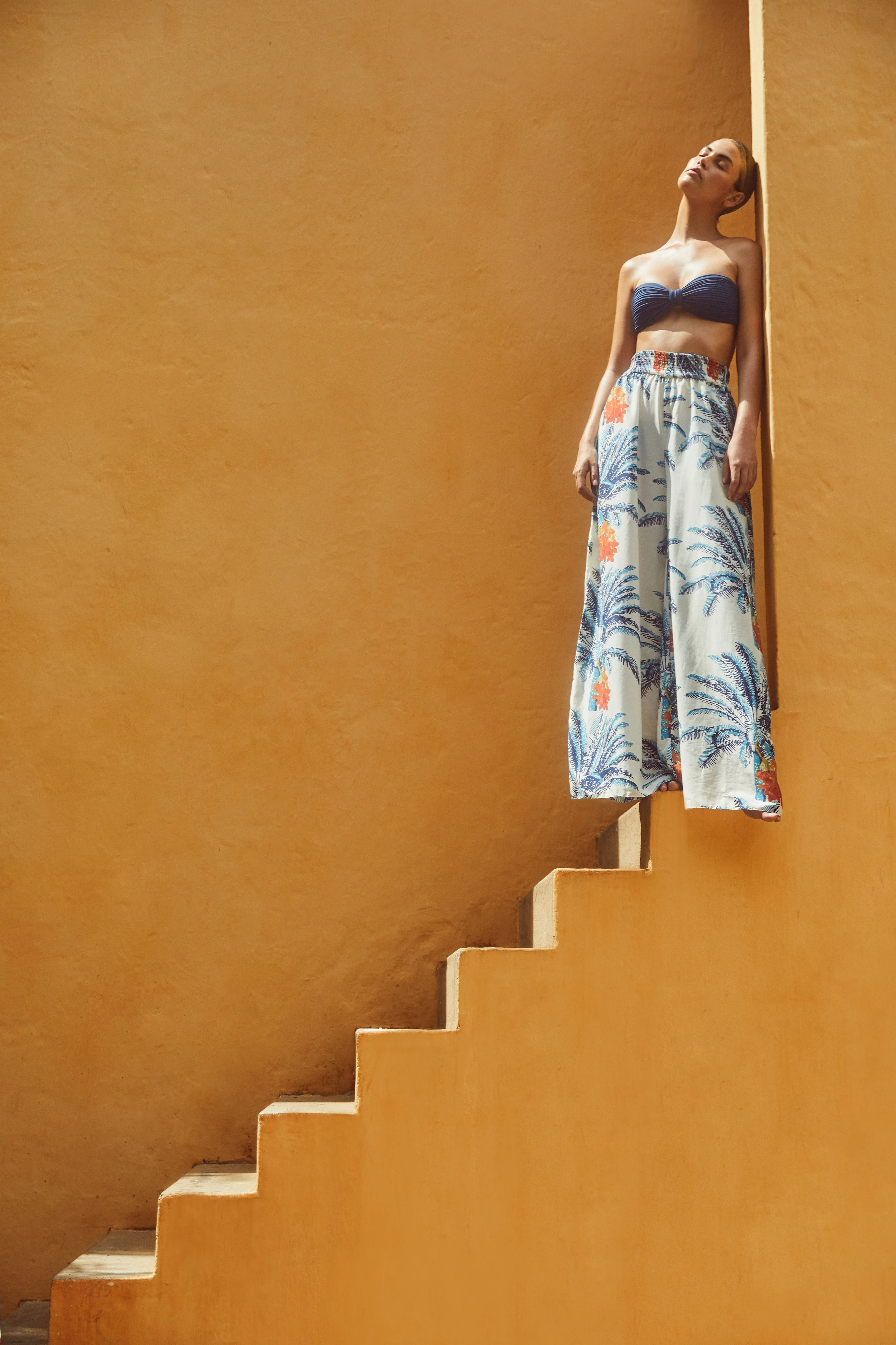 San Cipriano Cotton-Silk Pants / White Blue Palms