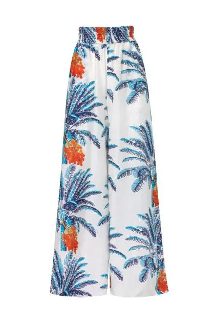 San Cipriano Cotton-Silk Pants / White Blue Palms