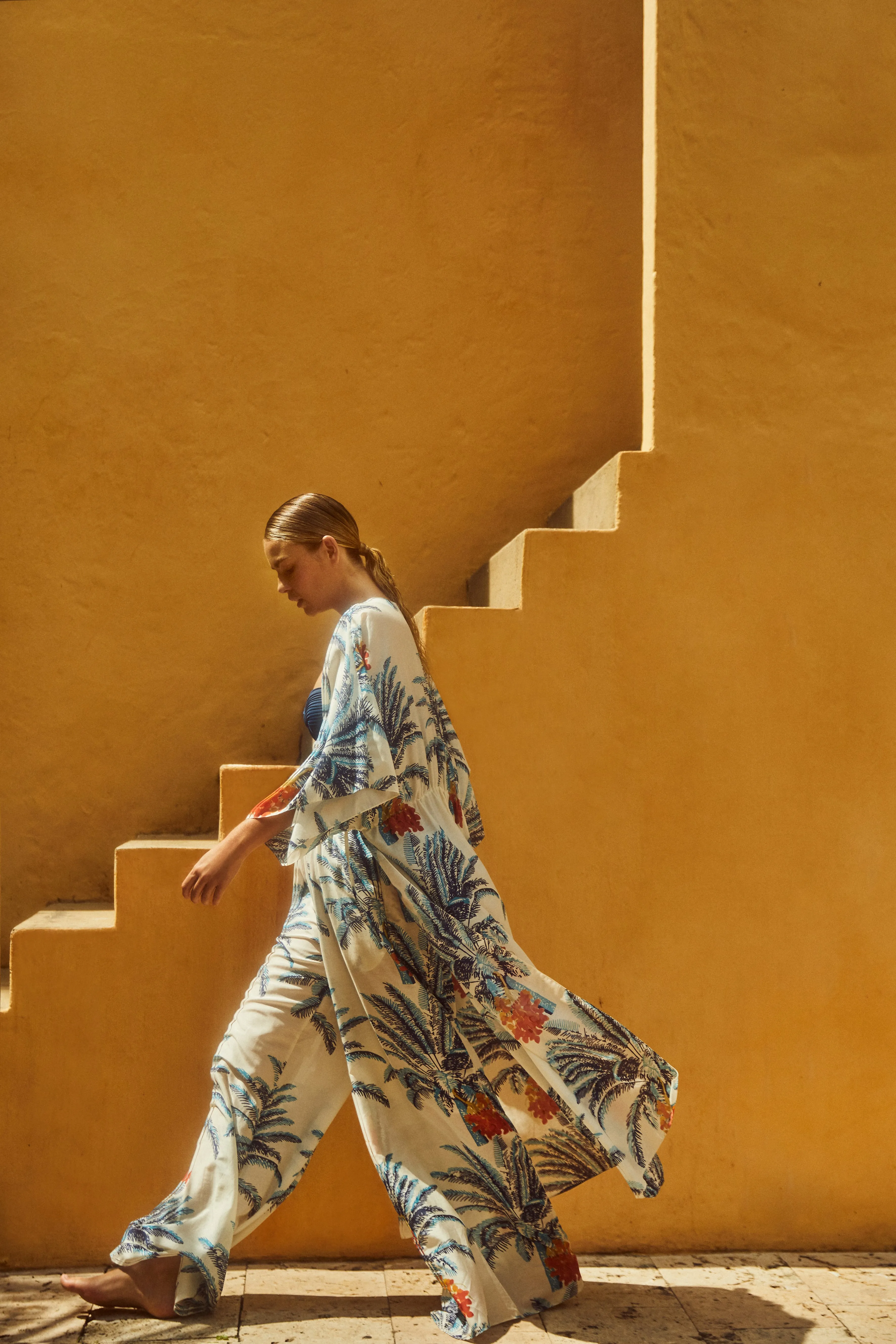San Cipriano Cotton-Silk Pants / White Blue Palms