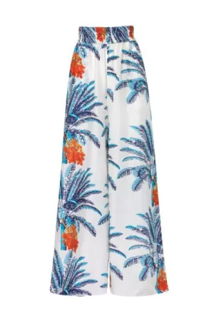 San Cipriano Cotton-Silk Pants / White Blue Palms