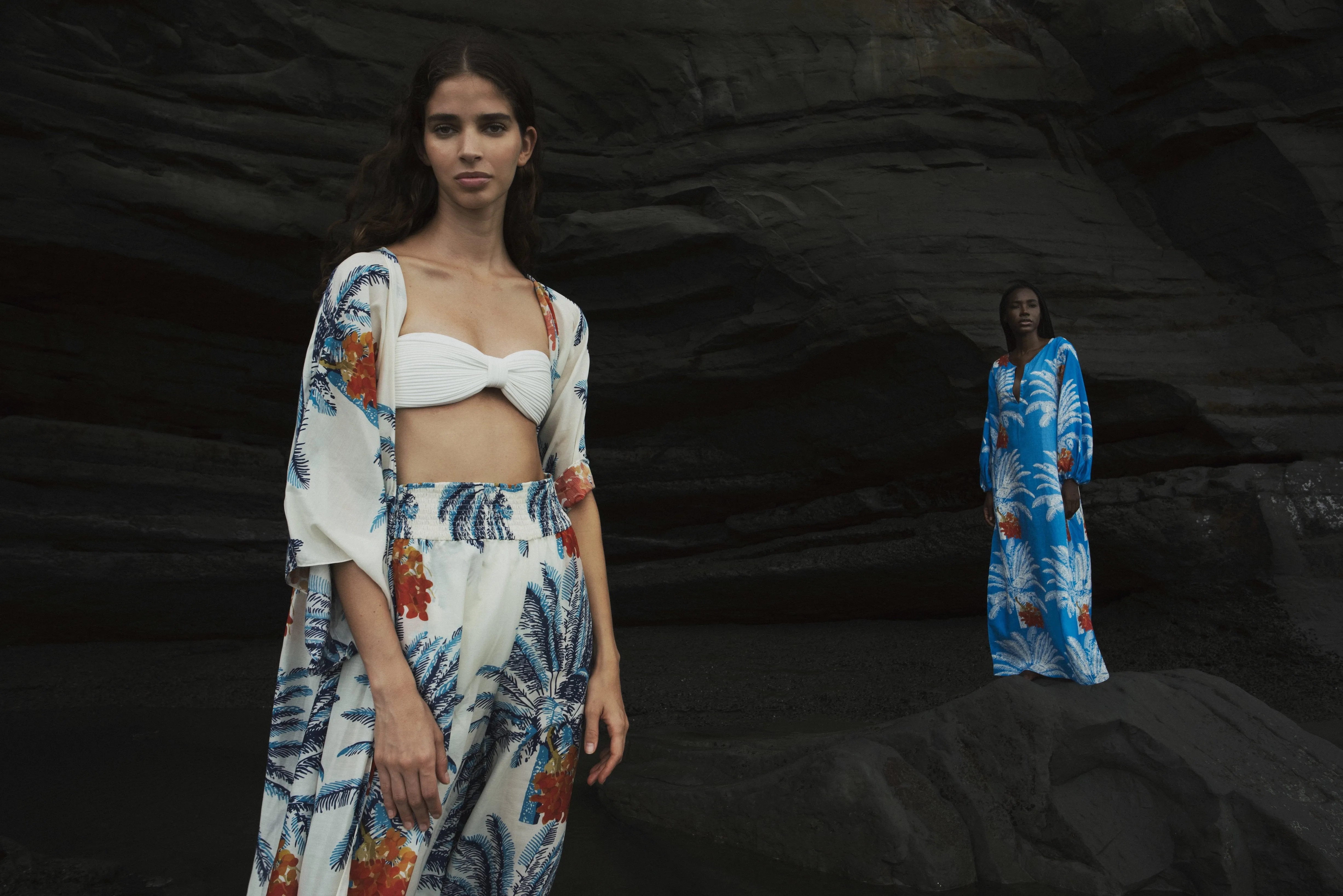 San Cipriano Cotton-Silk Pants / White Blue Palms