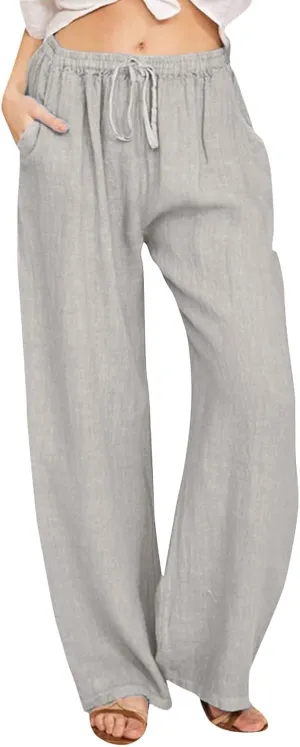 sdbrld Linen Pants Women Summer Trendy Casual High Waist Trousers Drawstring Loose Fit Lightweight Long Palazzo Gauze Pants