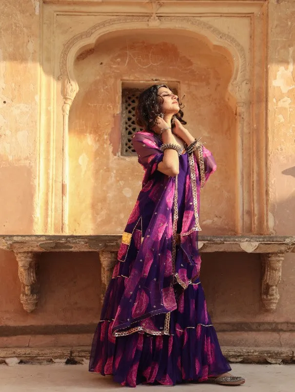 Shinaz Purple Printed Embroidered Georgette Sharara Set (Set of 3)