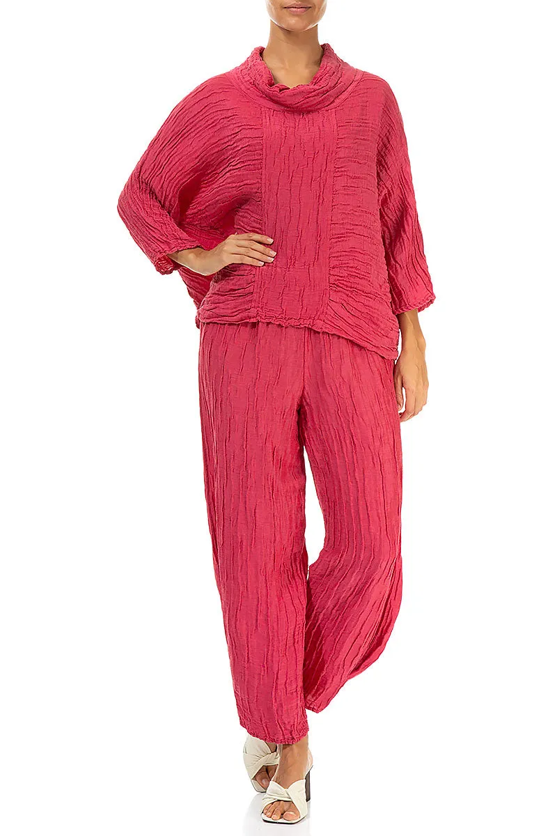 Tapered Barrel Raspberry Crinkled Silk Trousers