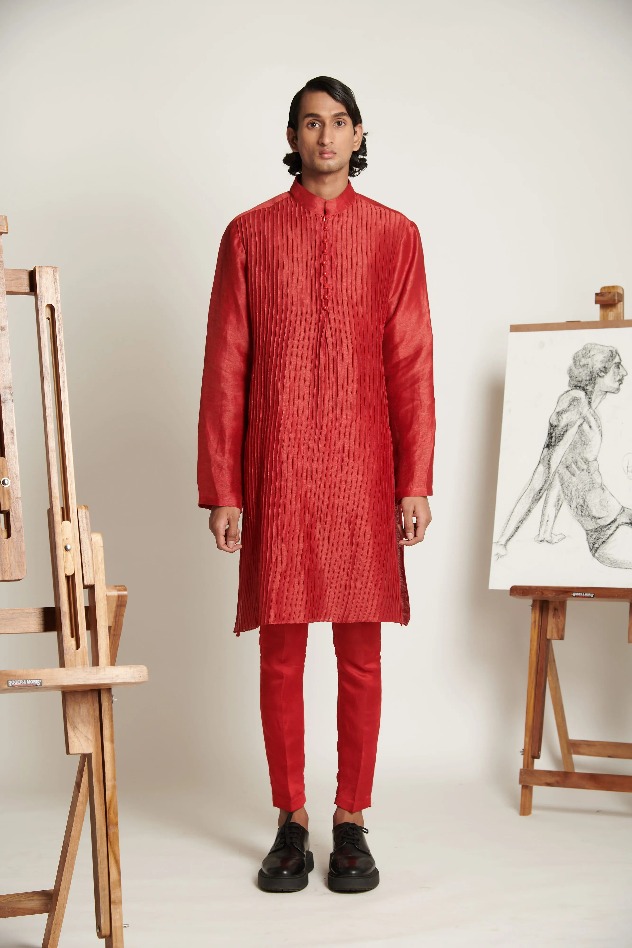 Vermillion Textured Silk Kurta Set