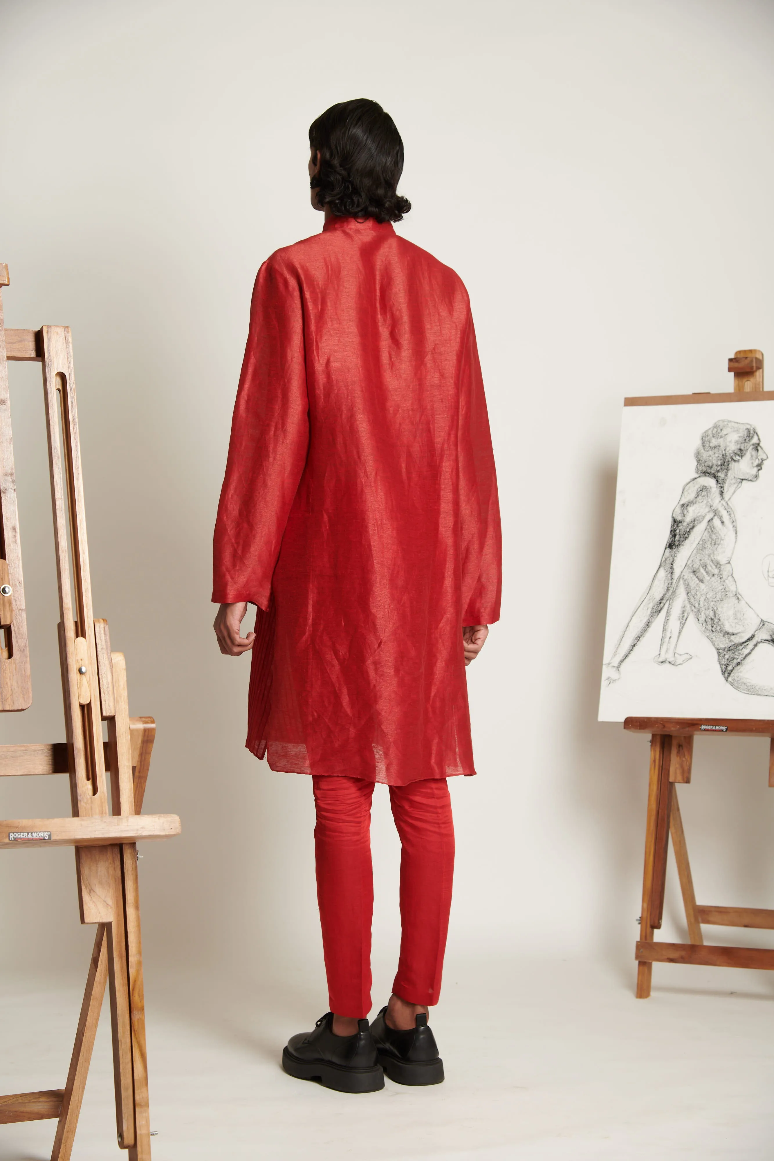 Vermillion Textured Silk Kurta Set