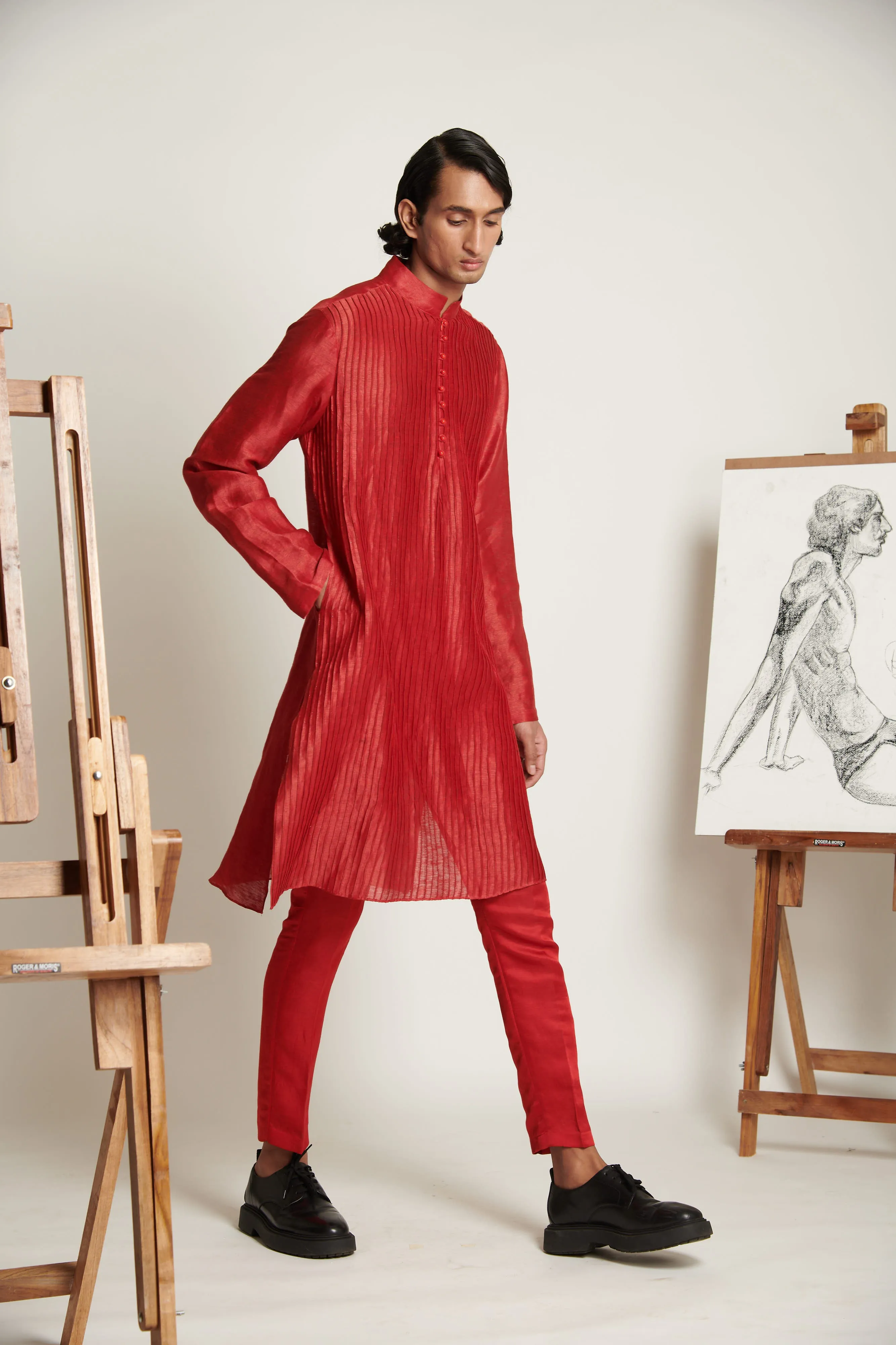 Vermillion Textured Silk Kurta Set