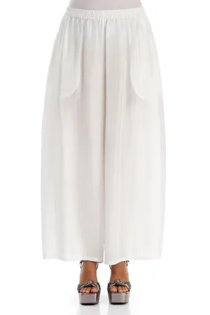 Wide Flowy White Pure Silk Trousers