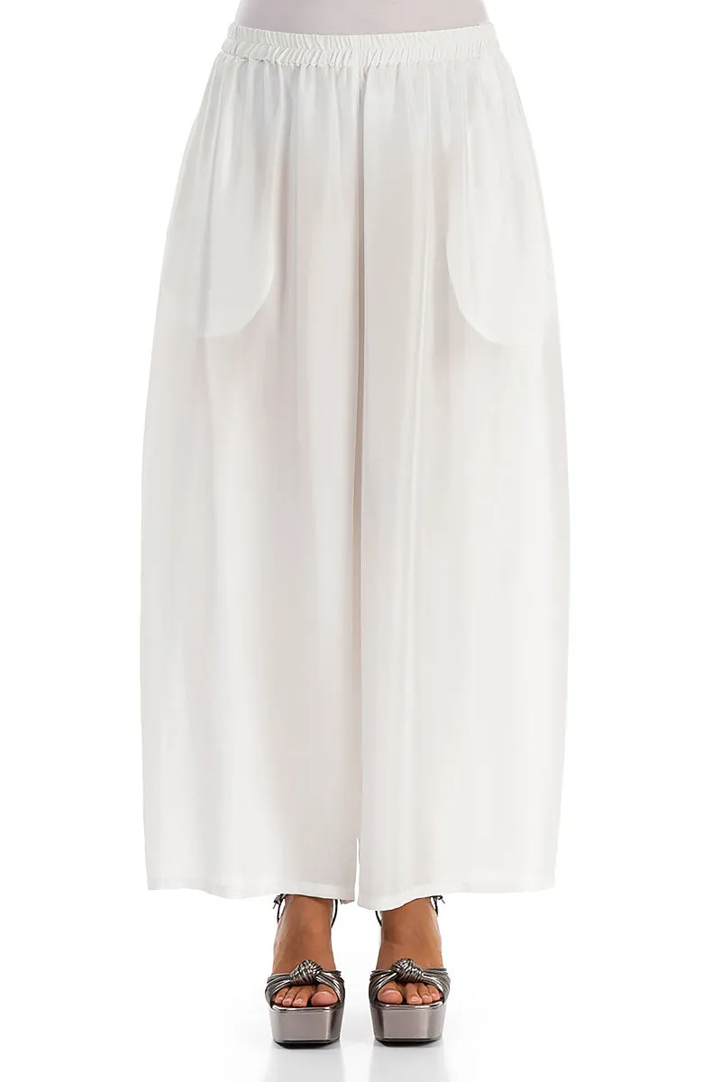 Wide Flowy White Pure Silk Trousers