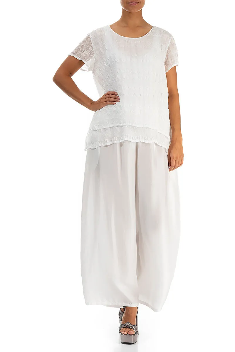 Wide Flowy White Pure Silk Trousers