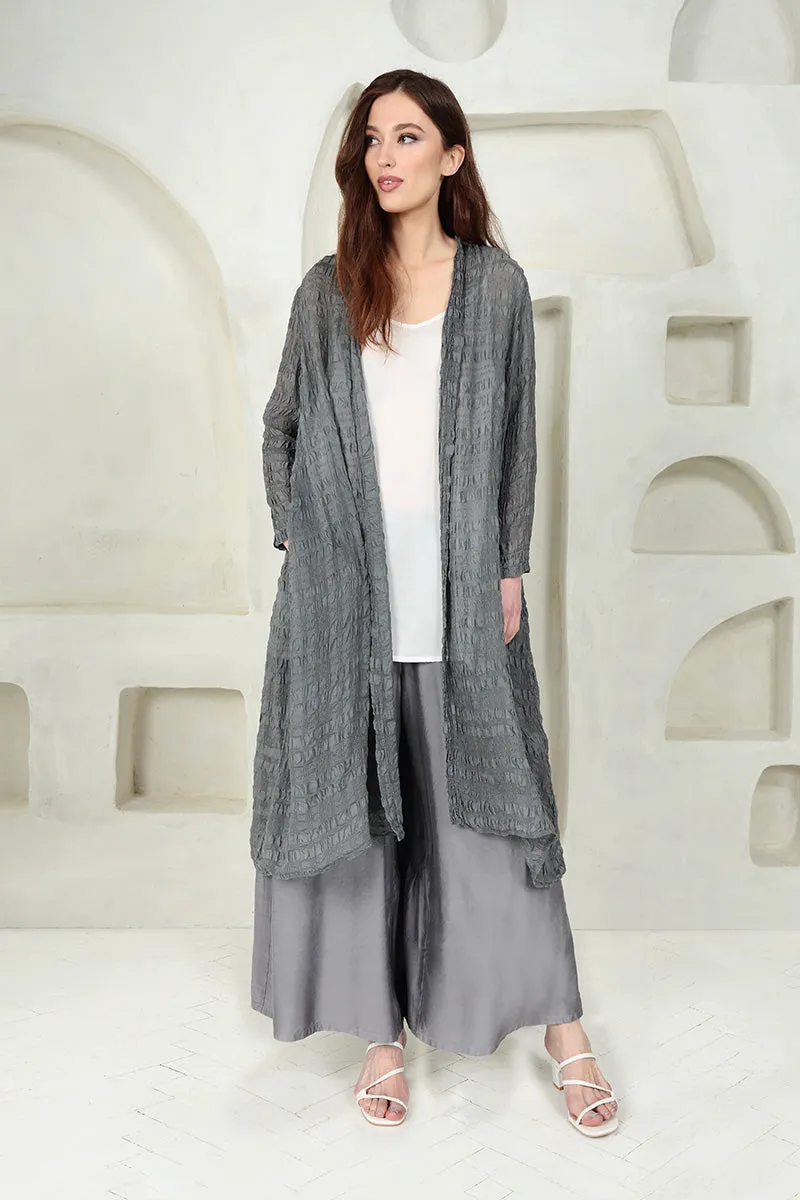 Wide Tiered Back Storm Grey Silk Bamboo Trousers