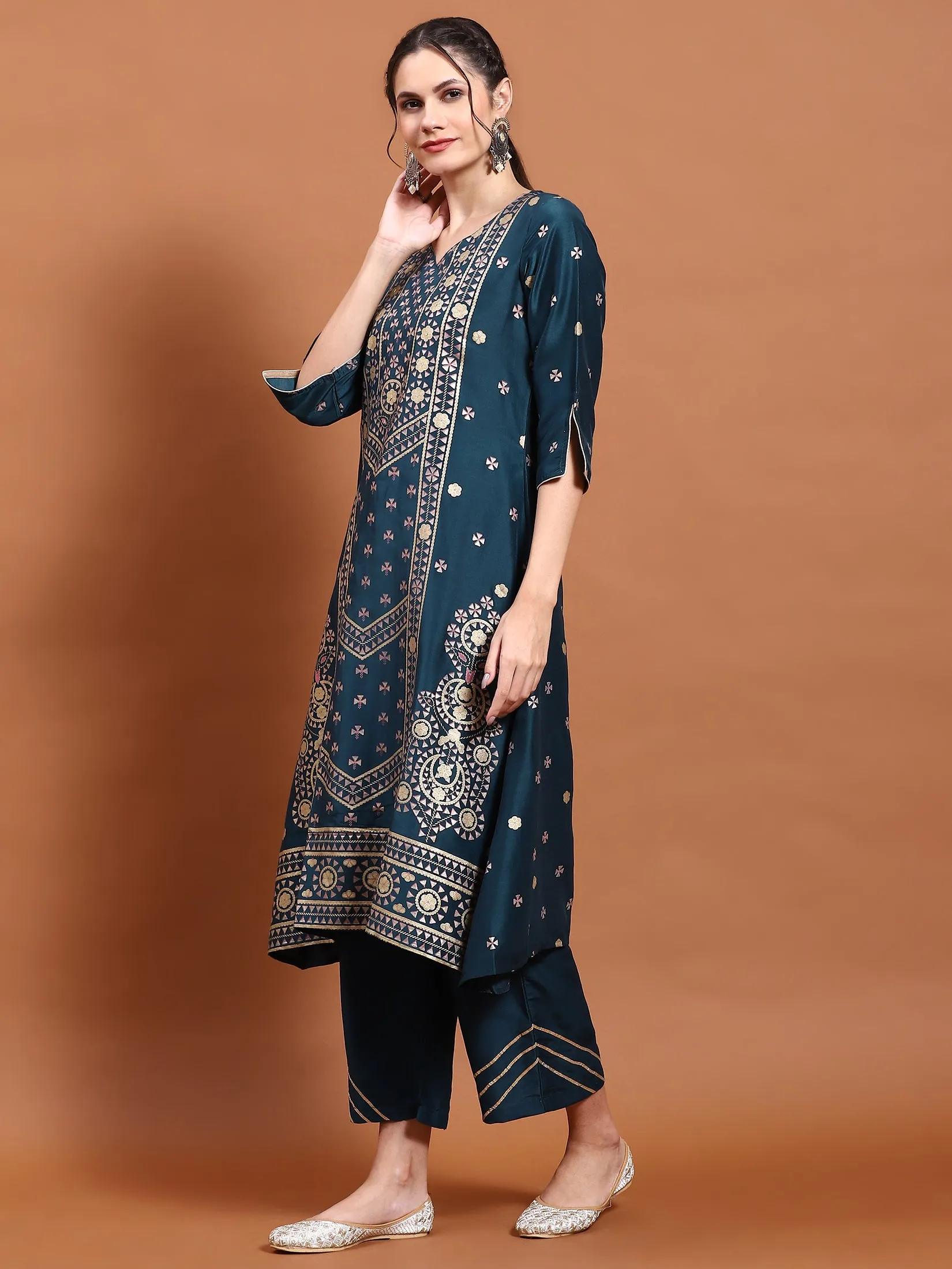 Women Blue Geometric Print Kurta With Comfort Pant