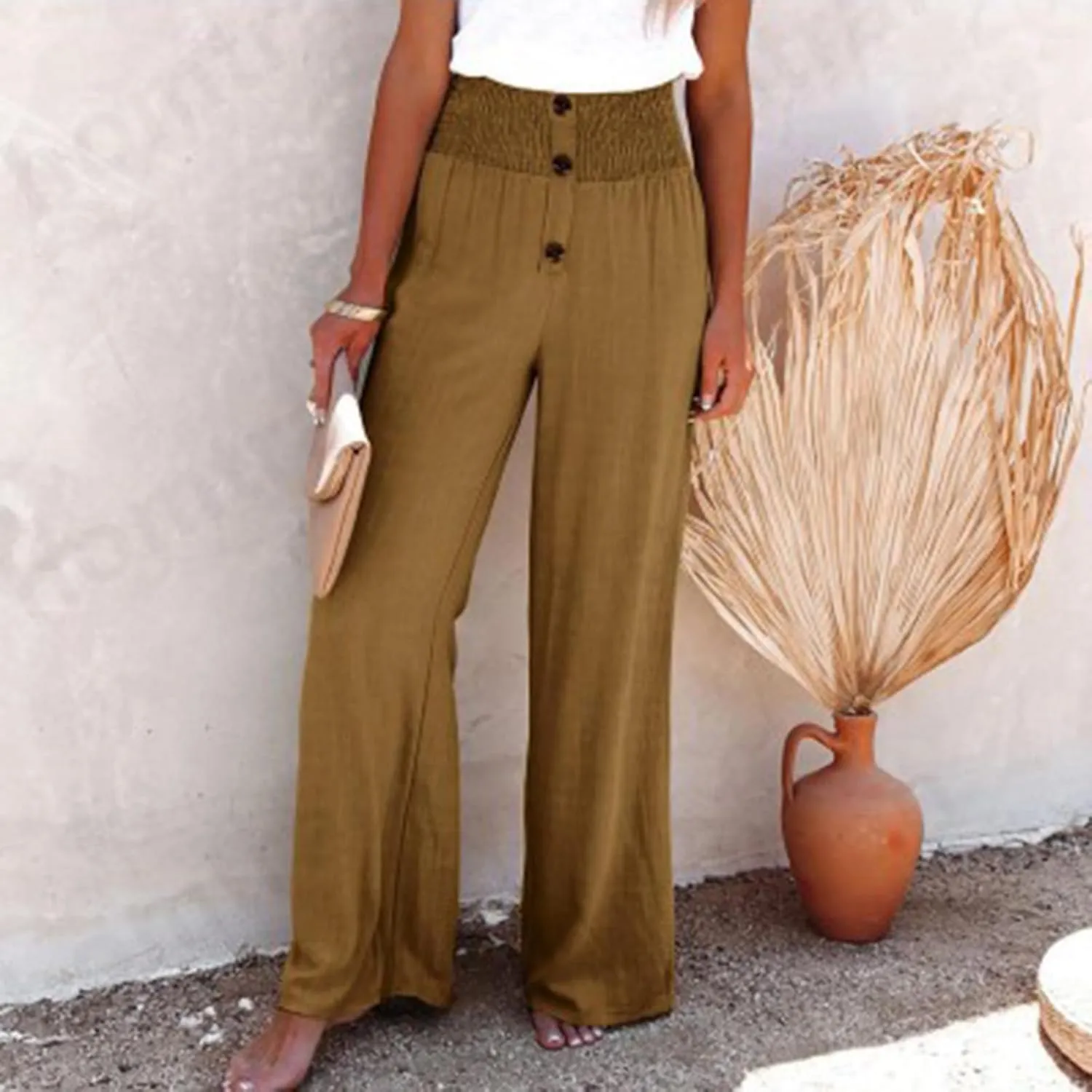 Women Flowy Palazzo Pants Cotton Linen Wide Leg Pant Long Lounge Beach Slacks Smocked High Waist Button Trousers