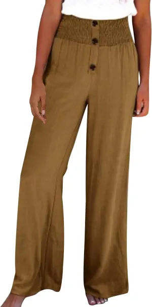 Women Flowy Palazzo Pants Cotton Linen Wide Leg Pant Long Lounge Beach Slacks Smocked High Waist Button Trousers