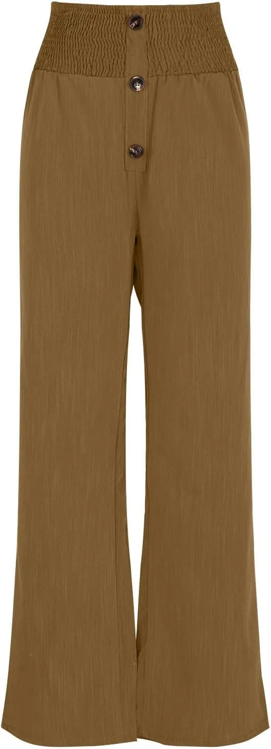 Women Flowy Palazzo Pants Cotton Linen Wide Leg Pant Long Lounge Beach Slacks Smocked High Waist Button Trousers