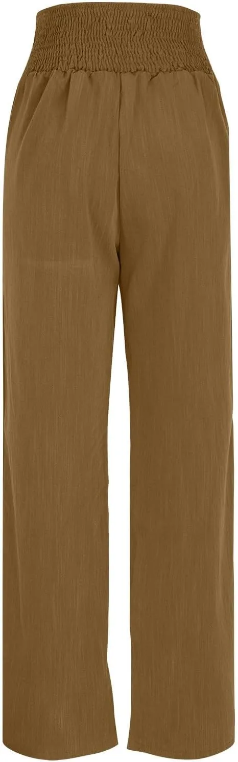 Women Flowy Palazzo Pants Cotton Linen Wide Leg Pant Long Lounge Beach Slacks Smocked High Waist Button Trousers