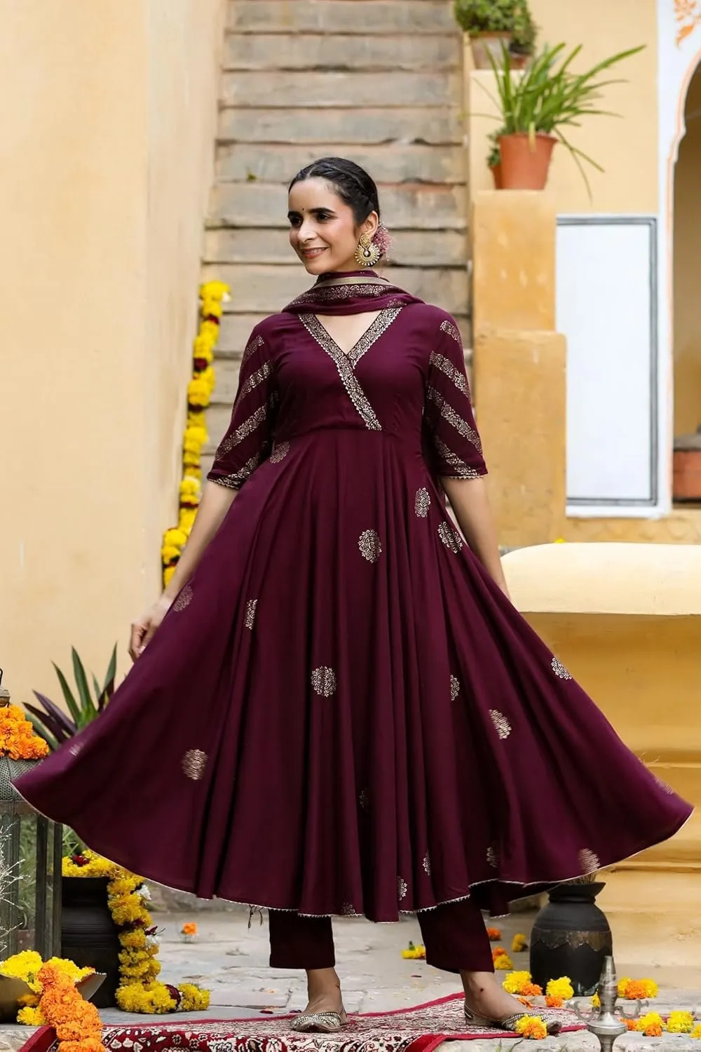 Women's Cotton Blend Printed Anarkali Kurta with Pant & Dupatta - Wine