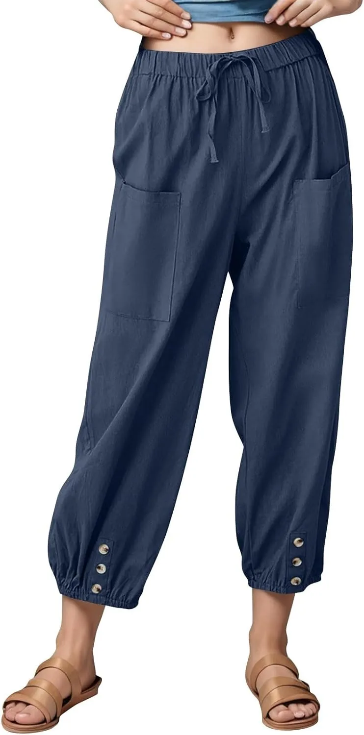 Women's High Waist Capri Baggy Drawstring Pants Cinch Bottom with Button Cotton Linen Loose Casual Trouser Pockets
