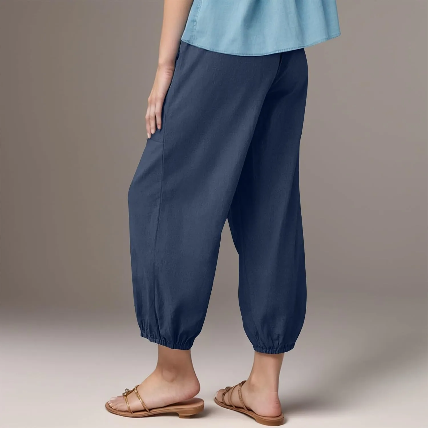 Women's High Waist Capri Baggy Drawstring Pants Cinch Bottom with Button Cotton Linen Loose Casual Trouser Pockets