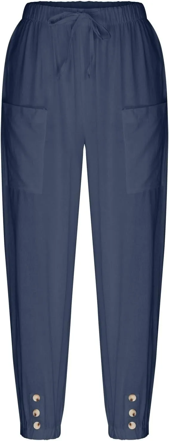 Women's High Waist Capri Baggy Drawstring Pants Cinch Bottom with Button Cotton Linen Loose Casual Trouser Pockets
