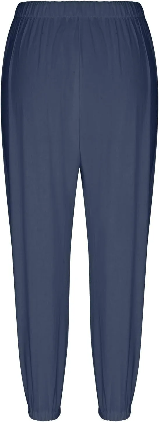 Women's High Waist Capri Baggy Drawstring Pants Cinch Bottom with Button Cotton Linen Loose Casual Trouser Pockets