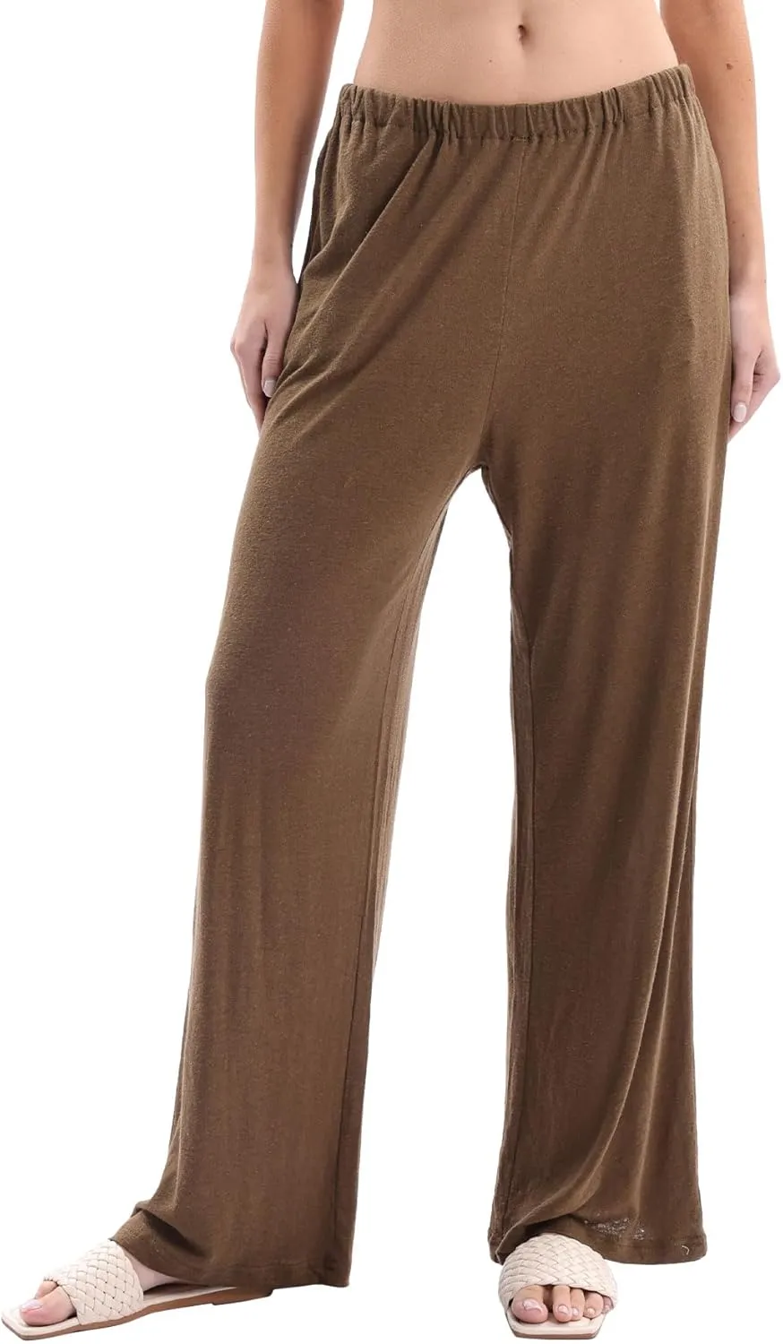 Womens Linen Knit High Waist Elastic Wide Leg Lounge Pants