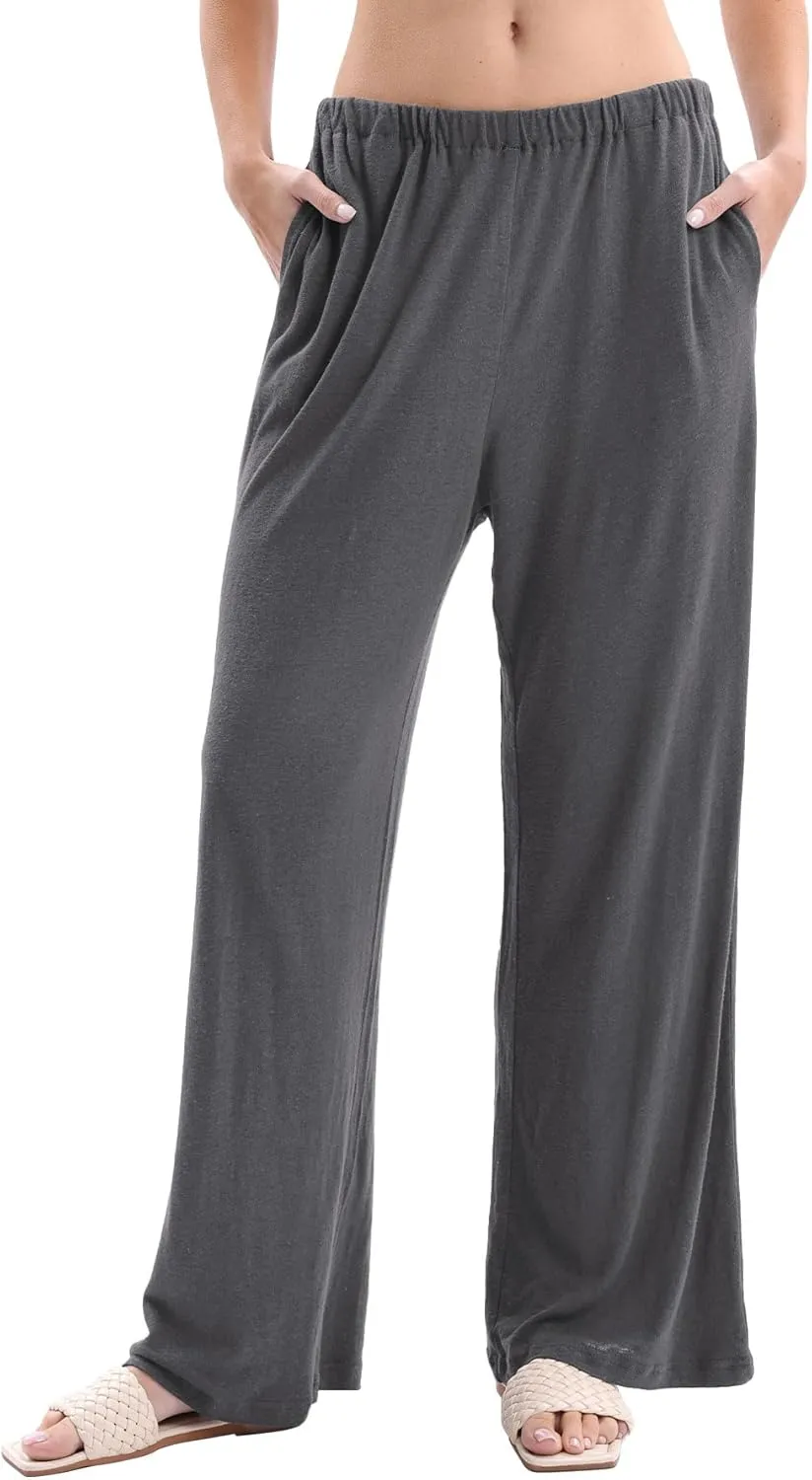 Womens Linen Knit High Waist Elastic Wide Leg Lounge Pants