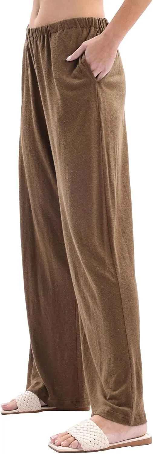 Womens Linen Knit High Waist Elastic Wide Leg Lounge Pants