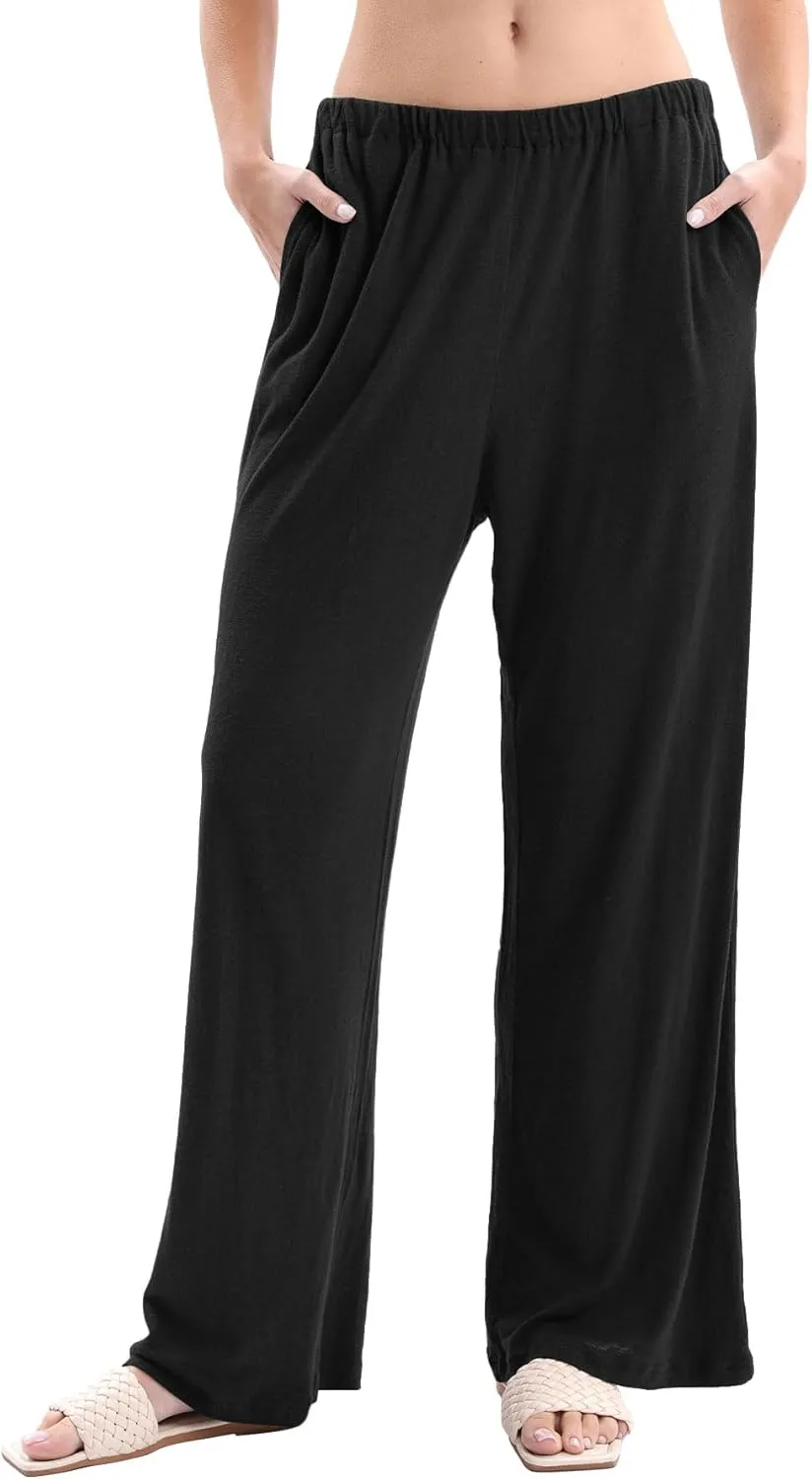 Womens Linen Knit High Waist Elastic Wide Leg Lounge Pants